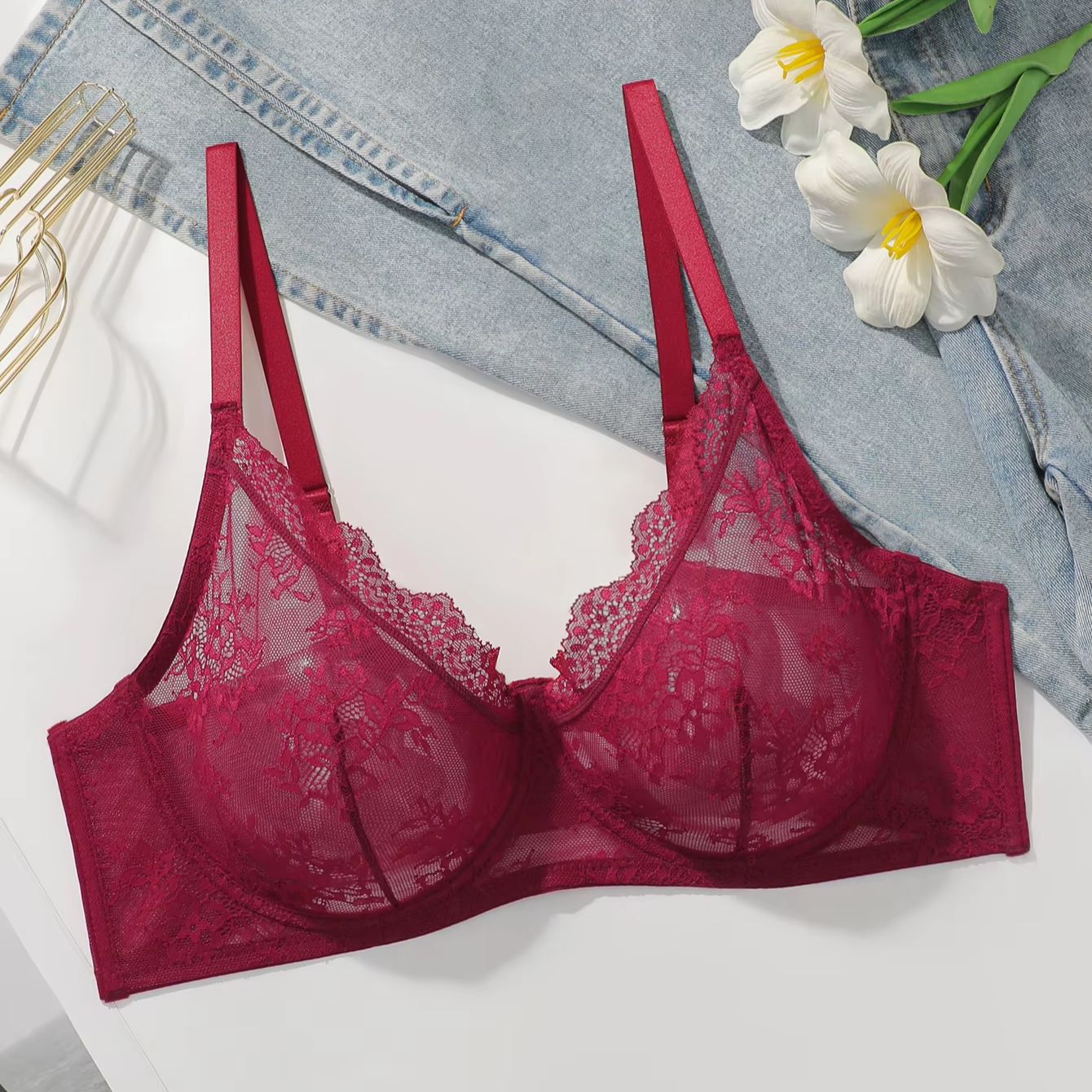 Women Plus Size Red Lace Sheer - Full Coverage Bra 评论和价格